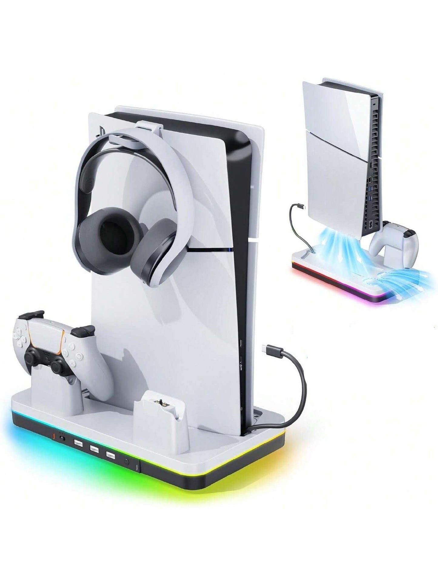 Cooling Station for PS5 Slim Console (Disc & Digital), Mytrix PS5 Slim Stand with Fast Controller Charging Station, Controller Charger, 3 Speeds Cooling Fan, Headset Holder, RGB Lights & 3 USB Portsusb Multi Port Charging Station,Ps5 Digital Slim Cooling Stand,Ps5 Cooler