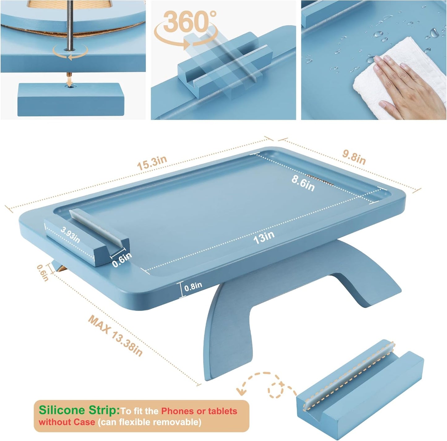 SINWNAT Couch Arm Table, Bamboo Sofa Clip on Tray Tables,Sofa Armrest Tray with 360° Phone Holder,Couch Armrest Table for Eating and Drinking