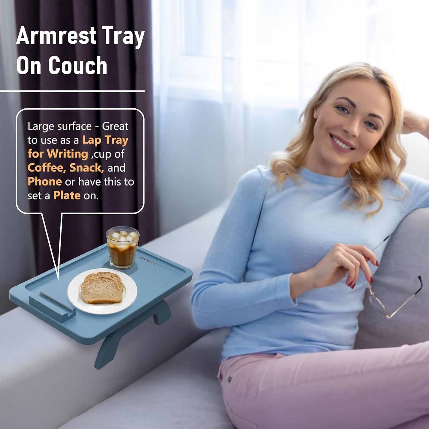 SINWNAT Couch Arm Table, Bamboo Sofa Clip on Tray Tables,Sofa Armrest Tray with 360° Phone Holder,Couch Armrest Table for Eating and Drinking