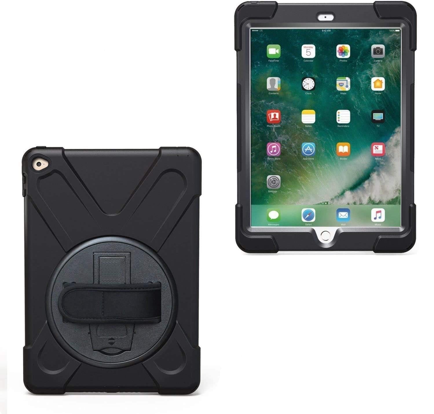 Ipad Air 2 Case for Kids A1566 A1567 2014 with Rotating Stand Hand Strap | Military Grade Heavy Duty Rugged Shockproof Protective Cover Case for Ipad Air 2Nd Generation 9.7 Inch, Black