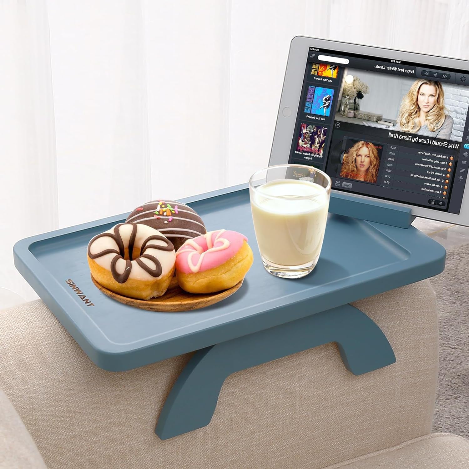 SINWNAT Couch Arm Table, Bamboo Sofa Clip on Tray Tables,Sofa Armrest Tray with 360° Phone Holder,Couch Armrest Table for Eating and Drinking