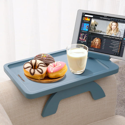 SINWNAT Couch Arm Table, Bamboo Sofa Clip on Tray Tables,Sofa Armrest Tray with 360° Phone Holder,Couch Armrest Table for Eating and Drinking