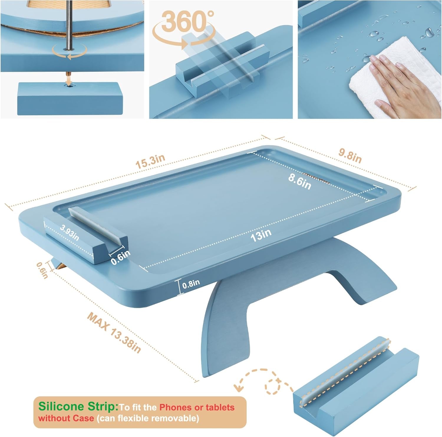 SINWNAT Couch Arm Table, Bamboo Sofa Clip on Tray Tables,Sofa Armrest Tray with 360° Phone Holder,Couch Armrest Table for Eating and Drinking