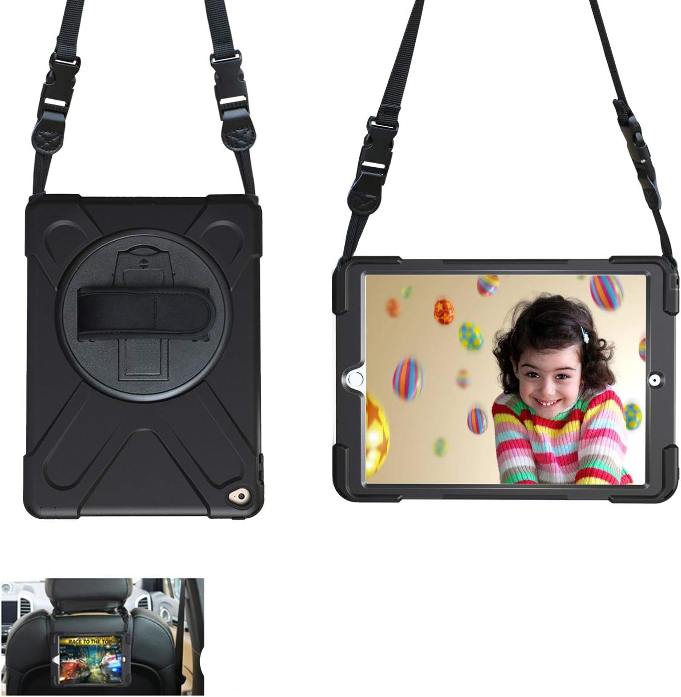 Ipad Air 2 Case for Kids A1566 A1567 2014 with Rotating Stand Hand Strap | Military Grade Heavy Duty Rugged Shockproof Protective Cover Case for Ipad Air 2Nd Generation 9.7 Inch, Black