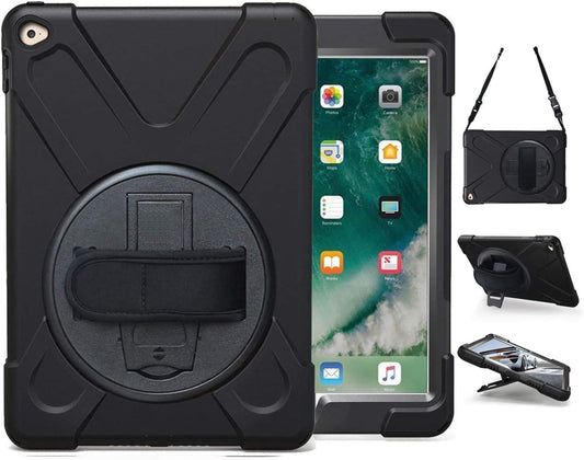 Ipad Air 2 Case for Kids A1566 A1567 2014 with Rotating Stand Hand Strap | Military Grade Heavy Duty Rugged Shockproof Protective Cover Case for Ipad Air 2Nd Generation 9.7 Inch, Black